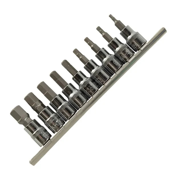 9PC 3/8" DR SAE HEX BIT SOCKETS ON RAIL DS1225