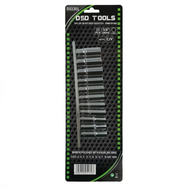 11PC 3/8" DR 6PT DEEP SOCKETS 8 - 19MM ON RAIL DS1301