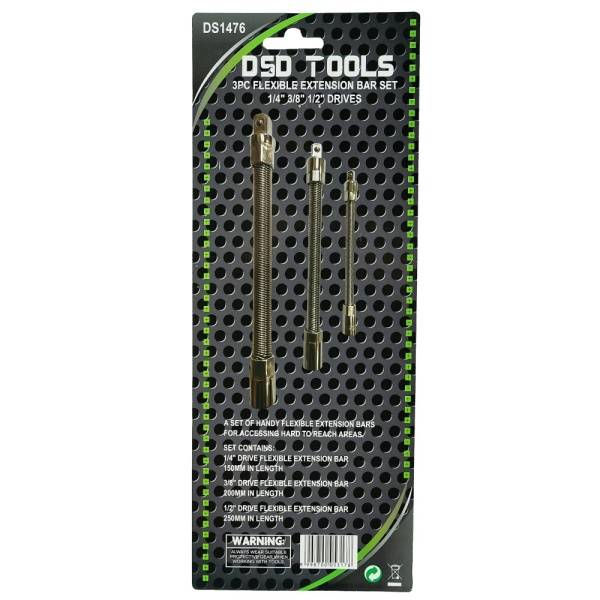 3PC FLEXIBLE EXTENSION BAR SET - 1/4" 3/8" 1/2" DRIVES DS1476