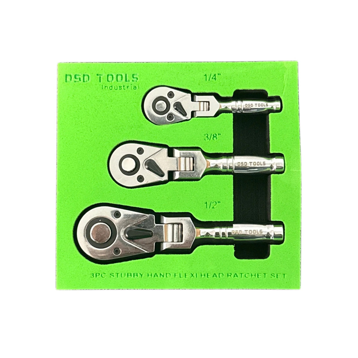 3PC STUBBY FLEXI HEAD RATCHET SET 1/4″ 3/8″ & 1/2″ DRIVES DS1875