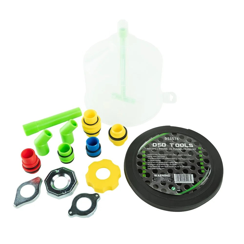 NO-SPILL ENGINE OIL FUNNEL FILTER KIT - 2 LITER FUNNEL & 12 ADAPTER SET DS1578