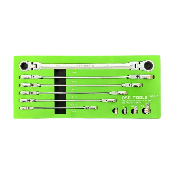 10PC EXTRA LONG DOUBLE FLEXI HEAD RING RATCHET WRENCH DS1817