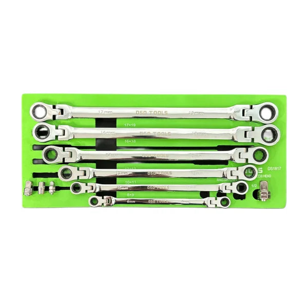 10PC EXTRA LONG DOUBLE FLEXI HEAD RING RATCHET WRENCH DS1817