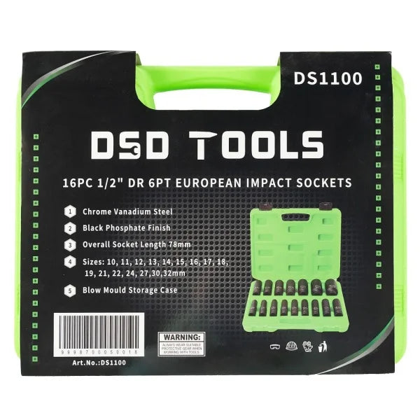 16PC 1/2" DR 6PT EUROPEAN IMPACT SOCKETS DS1100