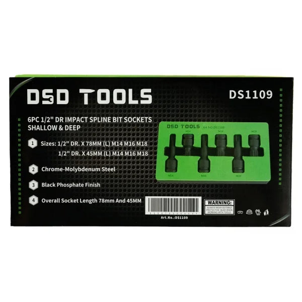 6PC 1/2" DR IMPACT SPLINE BIT SOCKETS SHALLOW &amp; DEEP DS1109