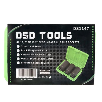 3PC 1/2" DR 12PT DEEP IMPACT HUB NUT SOCKETS DS1147