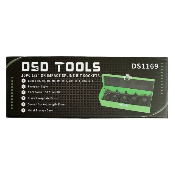 10PC 1/2" DR IMPACT SPLINE BIT SOCKETS DS1169
