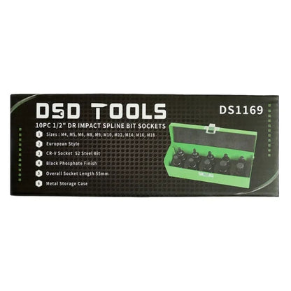 10PC 1/2" DR IMPACT SPLINE BIT SOCKETS DS1169