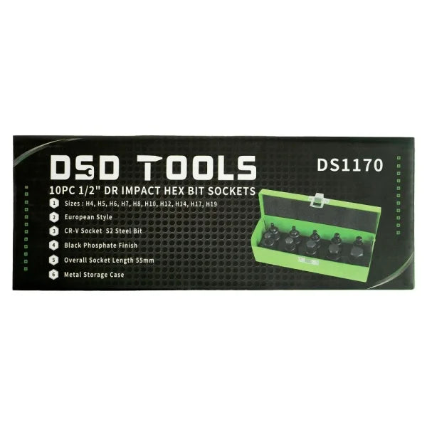 10PC 1/2" DR IMPACT HEX BIT SOCKETS DS1170