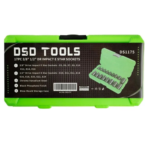 17PC 3/8" 1/2" DR IMPACT E STAR SOCKETS DS1175