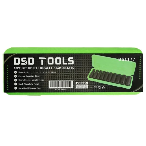 10PC 1/2" DR DEEP IMPACT E STAR SOCKETS DS1177