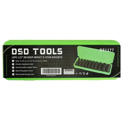 10PC 1/2" DR DEEP IMPACT E STAR SOCKETS DS1177