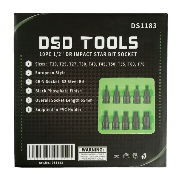 10PC 1/2" DR IMPACT STAR BIT SOCKET DS1183