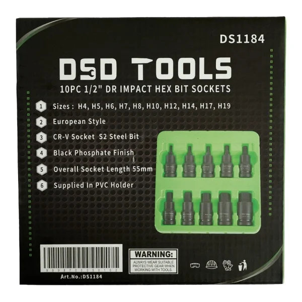 10PC 1/2" DR IMPACT HEX BIT SOCKETS DS1184