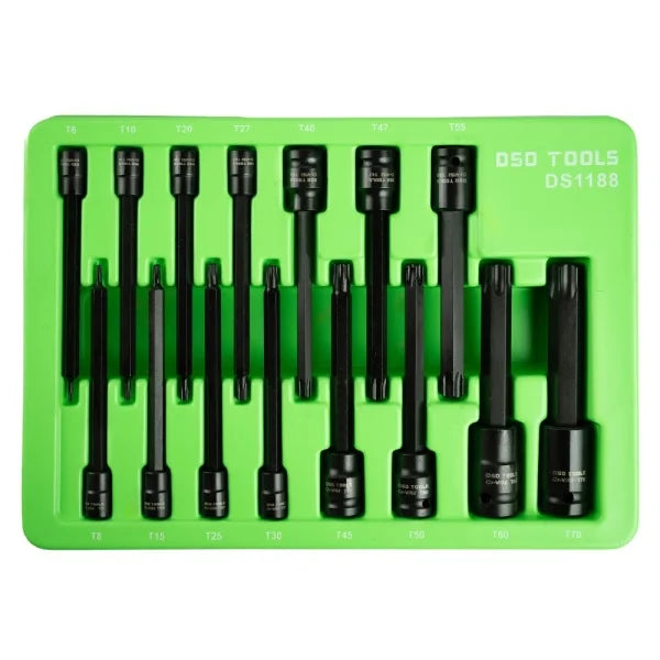15PC EXTRA LONG IMPACT TAMPER STAR BIT SOCKET 1/4" 3/8" 1/2" DR DS1188