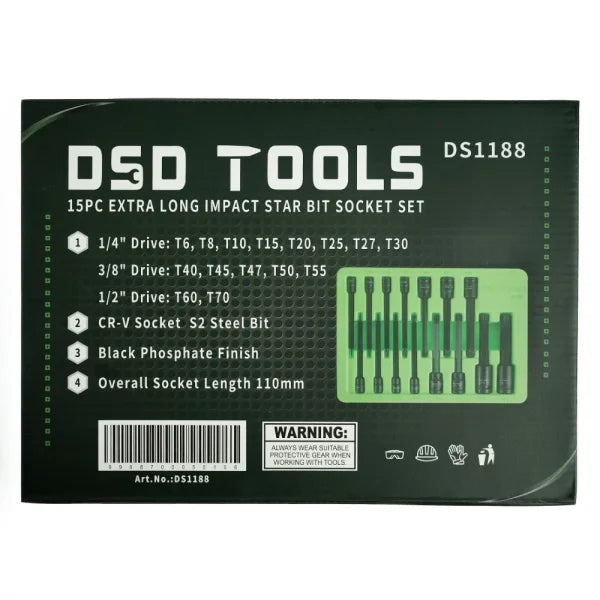 15PC EXTRA LONG IMPACT TAMPER STAR BIT SOCKET 1/4" 3/8" 1/2" DR DS1188