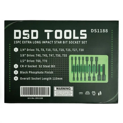 15PC EXTRA LONG IMPACT TAMPER STAR BIT SOCKET 1/4" 3/8" 1/2" DR DS1188