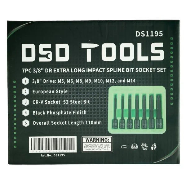 7PC 3/8" DR EXTRA LONG IMPACT SPLINE BIT SOCKET SET DS1195