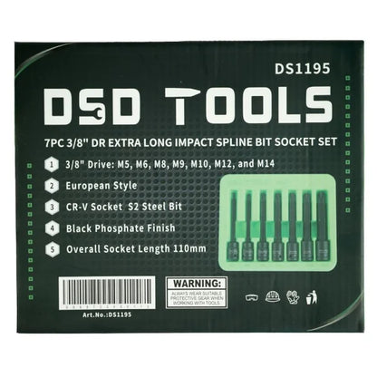 7PC 3/8" DR EXTRA LONG IMPACT SPLINE BIT SOCKET SET DS1195