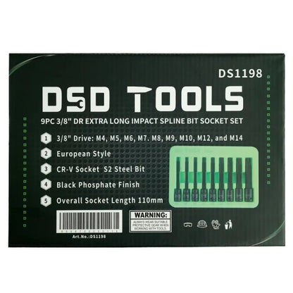 9PC 3/8" DR EXTRA LONG IMPACT SPLINE BIT SOCKET SET DS1198