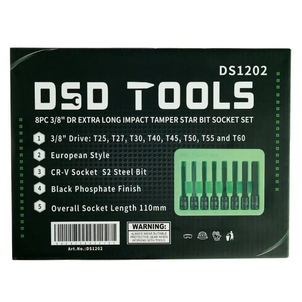 8PC 3/8" DR EXTRA LONG IMPACT TAMPER STAR BIT SOCKET SET DS1202