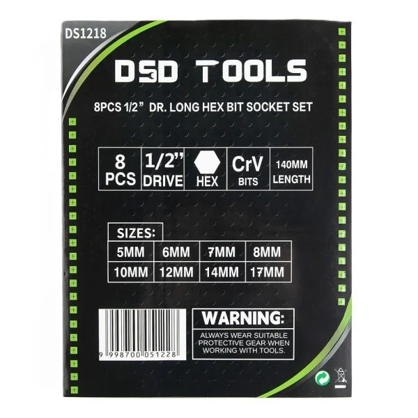 8PCS 1/2” DR. LONG HEX BIT SOCKET SET DS1218