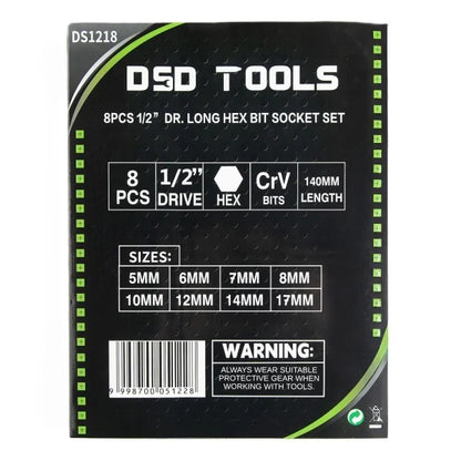 8PCS 1/2” DR. LONG HEX BIT SOCKET SET DS1218