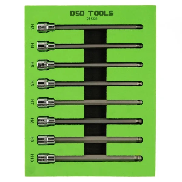 8PCS 3/8” DR HEX BALL END BIT SOCKET SET - EXTRA LONG DS1220