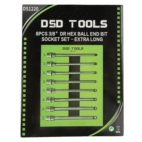 8PCS 3/8” DR HEX BALL END BIT SOCKET SET - EXTRA LONG DS1220