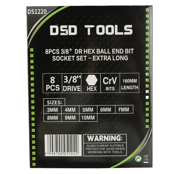 8PCS 3/8” DR HEX BALL END BIT SOCKET SET - EXTRA LONG DS1220