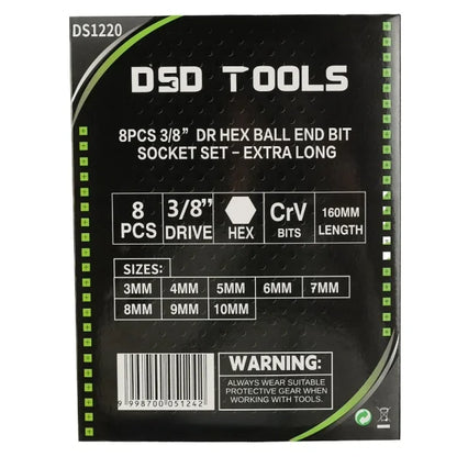 8PCS 3/8” DR HEX BALL END BIT SOCKET SET - EXTRA LONG DS1220