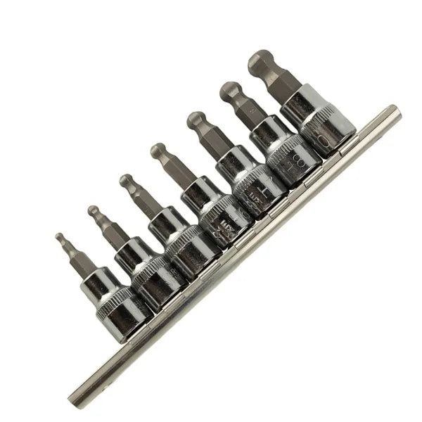 7PC 3/8" DR BALL END HEX BIT SOCKETS 48MM ON RAIL DS1224