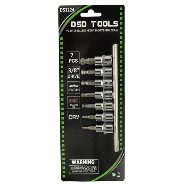 7PC 3/8" DR BALL END HEX BIT SOCKETS 48MM ON RAIL DS1224