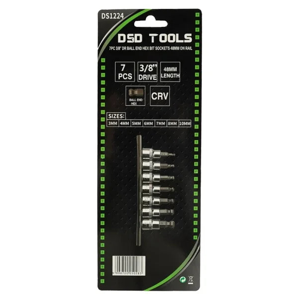 7PC 3/8" DR BALL END HEX BIT SOCKETS 48MM ON RAIL DS1224