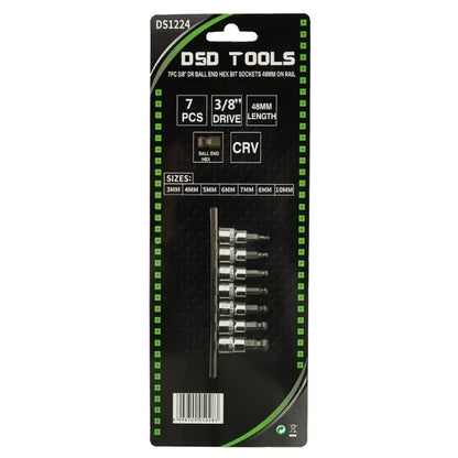 7PC 3/8" DR BALL END HEX BIT SOCKETS 48MM ON RAIL DS1224