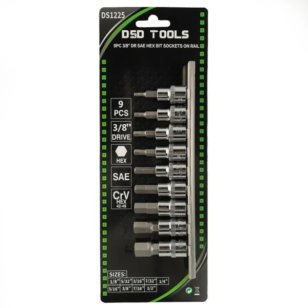 9PC 3/8" DR SAE HEX BIT SOCKETS ON RAIL DS1225