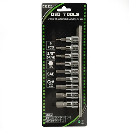 9PC 3/8" DR SAE HEX BIT SOCKETS ON RAIL DS1225