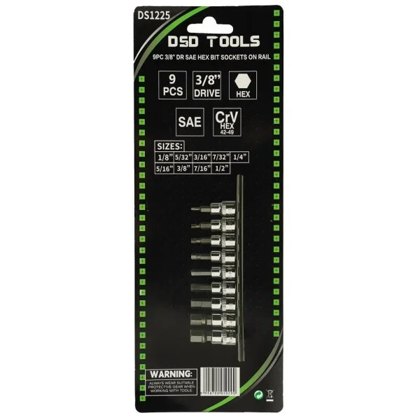 9PC 3/8" DR SAE HEX BIT SOCKETS ON RAIL DS1225