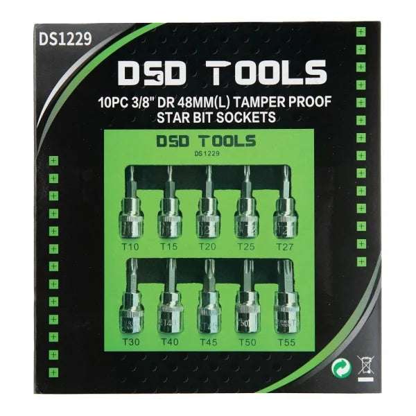10PC 3/8" DR 48MM(L) TAMPER PROOF STAR BIT SOCKETS DS1229