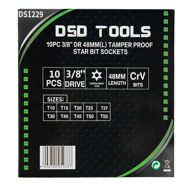 10PC 3/8" DR 48MM(L) TAMPER PROOF STAR BIT SOCKETS DS1229