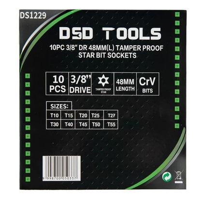 10PC 3/8" DR 48MM(L) TAMPER PROOF STAR BIT SOCKETS DS1229