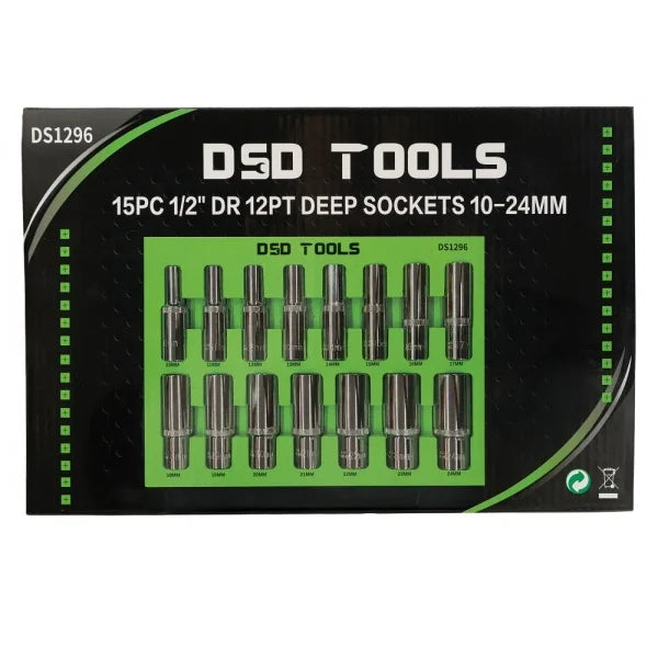 15PC 1/2" DR 12PT DEEP SOCKETS 10-24MM DS1296