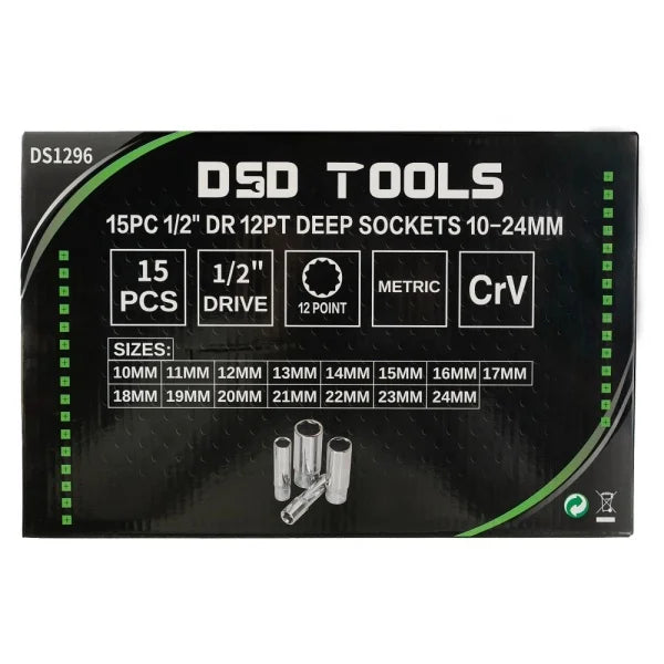 15PC 1/2" DR 12PT DEEP SOCKETS 10-24MM DS1296
