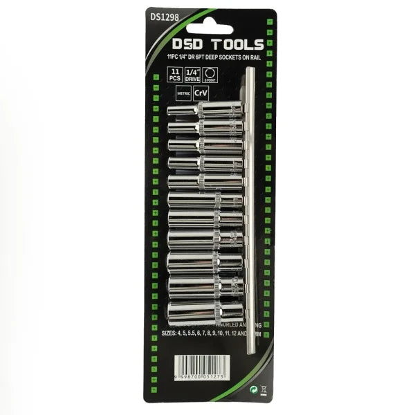 11PC 1/4" DR 6PT DEEP SOCKETS ON RAIL DS1298