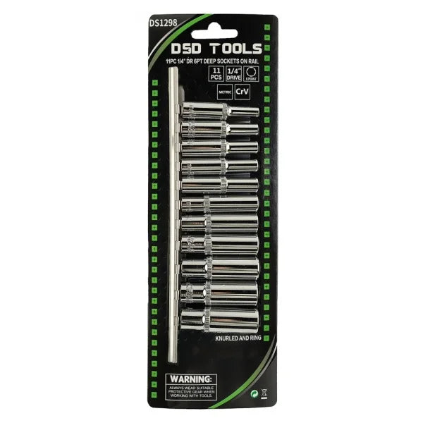 11PC 1/4" DR 6PT DEEP SOCKETS ON RAIL DS1298