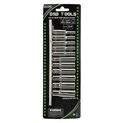 11PC 1/4" DR 6PT DEEP SOCKETS ON RAIL DS1298