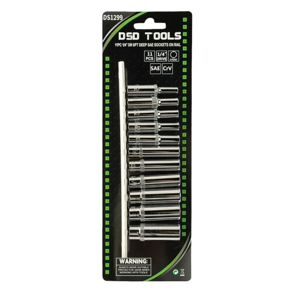 11PC 1/4" DR 6PT DEEP SAE SOCKETS ON RAIL DS1299