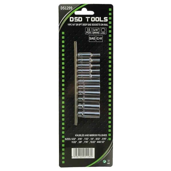 11PC 1/4" DR 6PT DEEP SAE SOCKETS ON RAIL DS1299