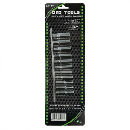 11PC 3/8" DR 6PT DEEP SOCKETS 8 - 19MM ON RAIL DS1301