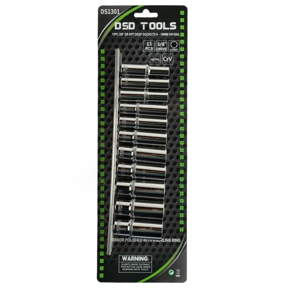 11PC 3/8" DR 6PT DEEP SOCKETS 8 - 19MM ON RAIL DS1301